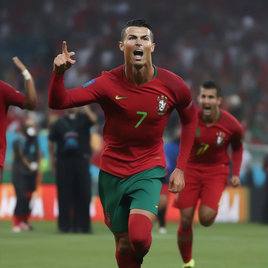 Ronaldo celebrates after breaking the record for most international goals scored