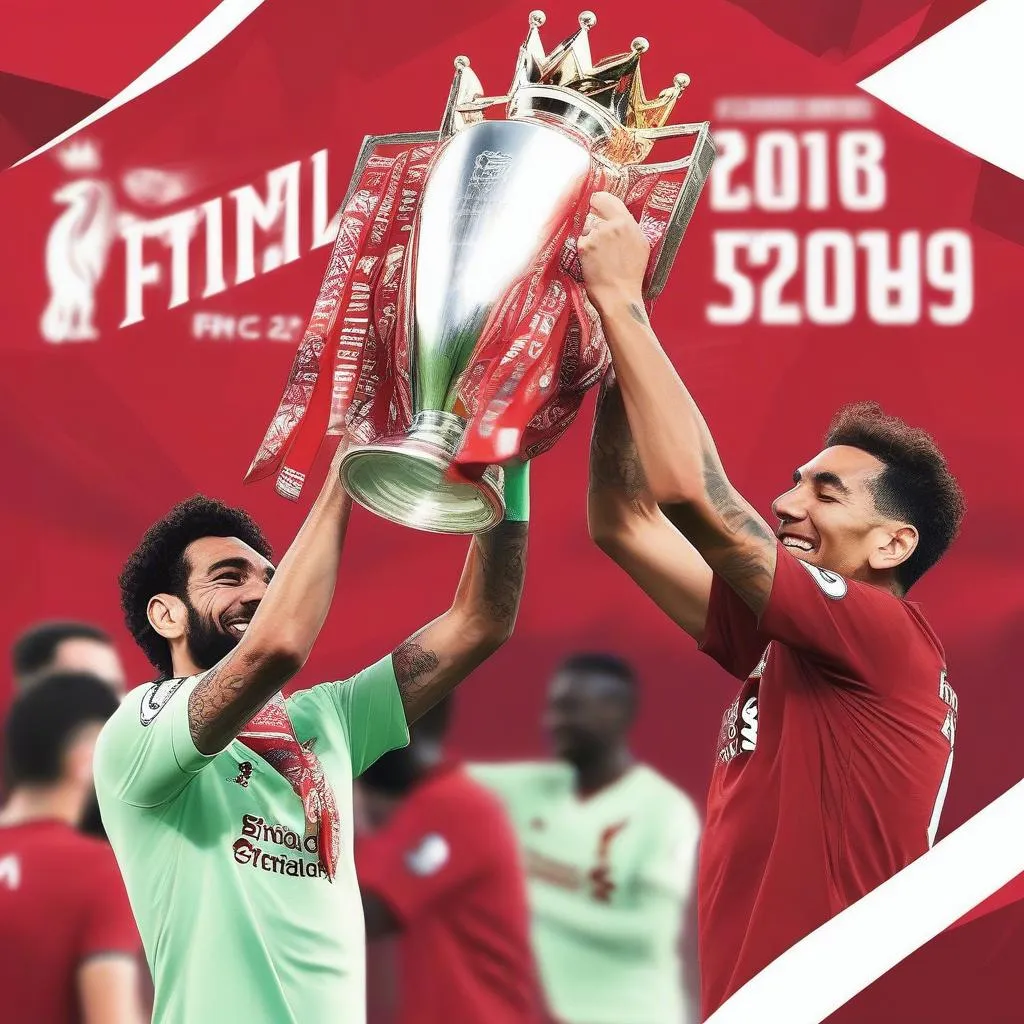 Hình ảnh Salah và Firmino nâng cao chiếc cúp Premier League