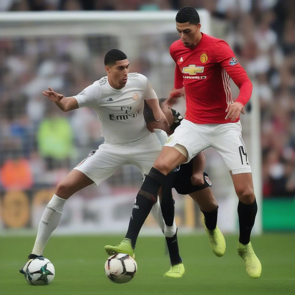 Smalling và Ronaldo trong một pha tranh chấp quyết liệt trên sân cỏ