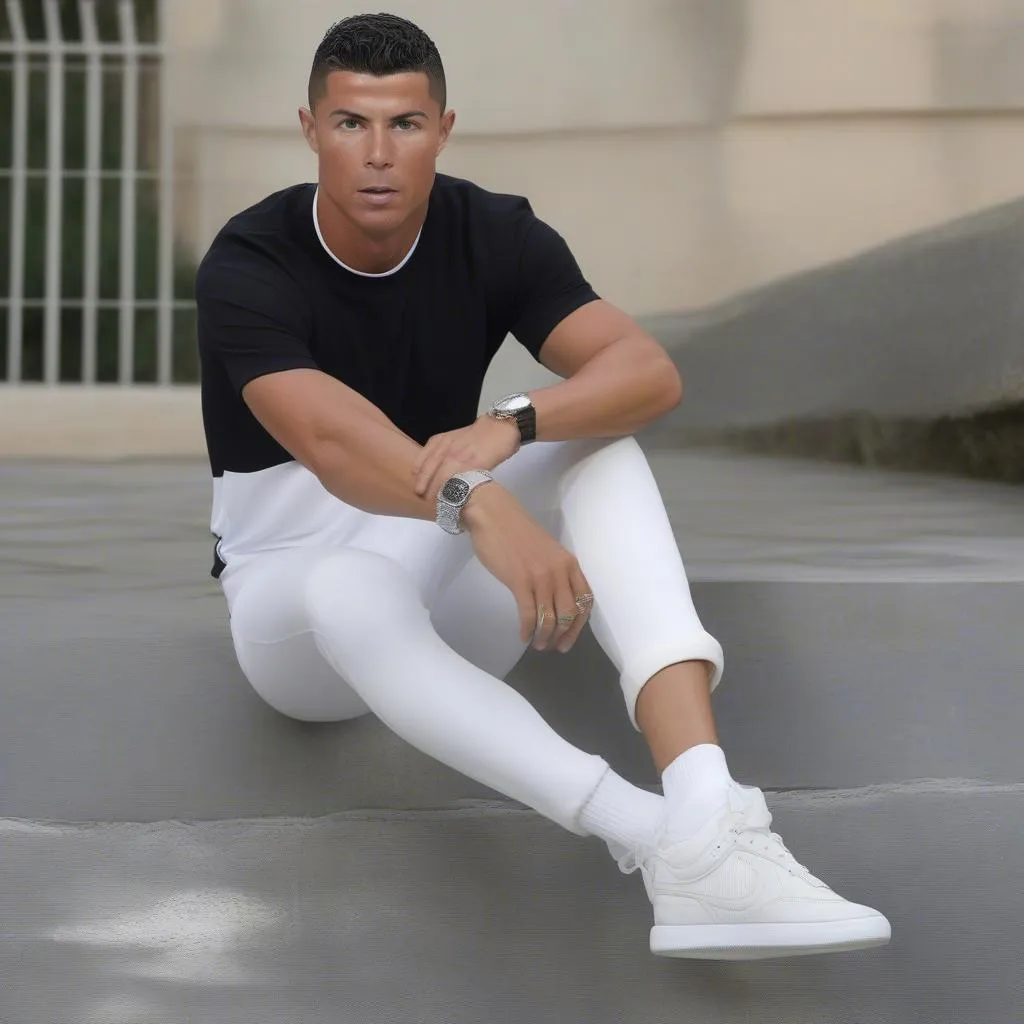 Ronaldo diện áo thun trắng và sneaker trắng đen