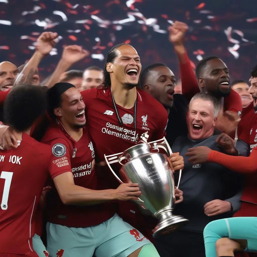 Hình ảnh Van Dijk nâng cao cúp vô địch Champions League năm 2019