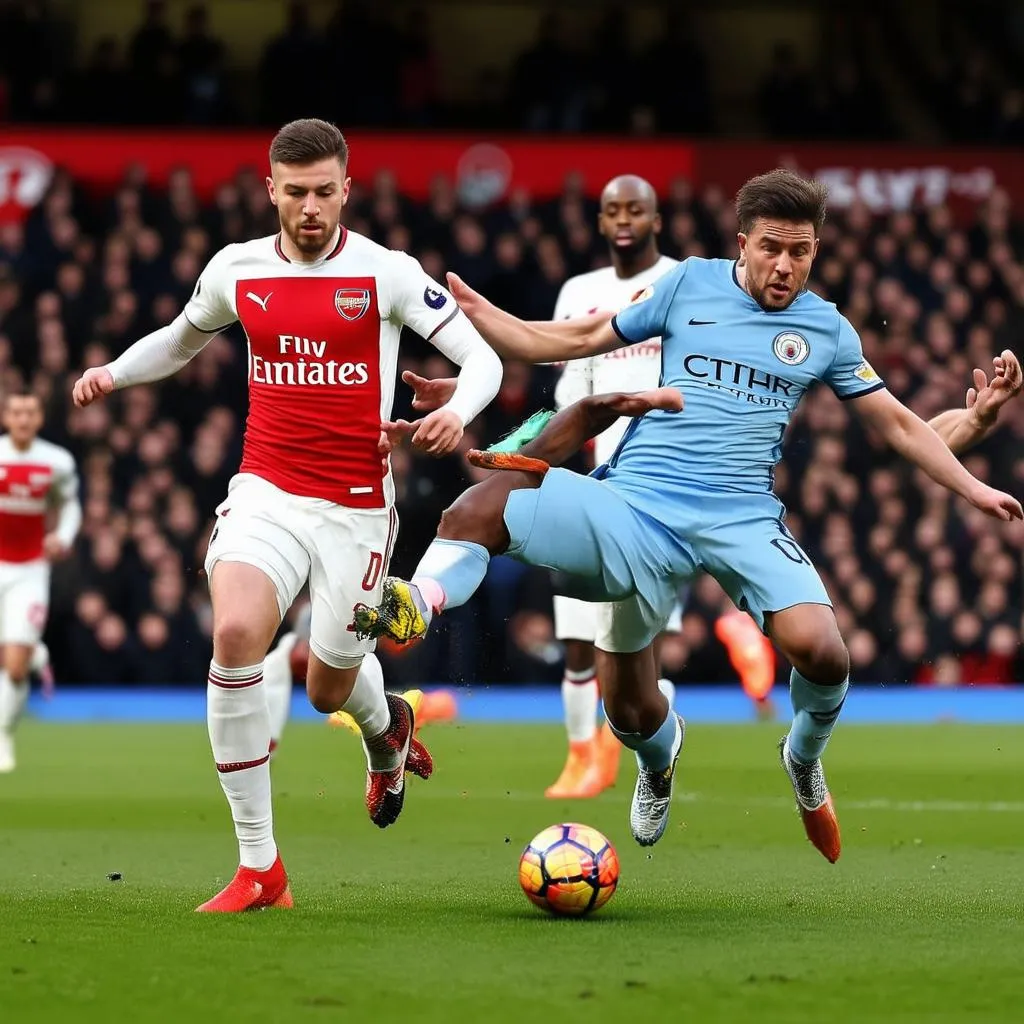 Cầu thủ Arsenal và Man City tranh chấp bóng