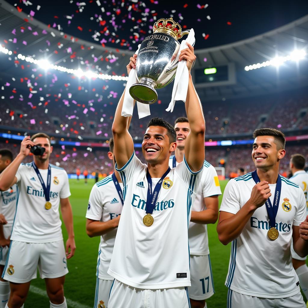 Cristiano Ronaldo celebrates a Champions League victory with Real Madrid