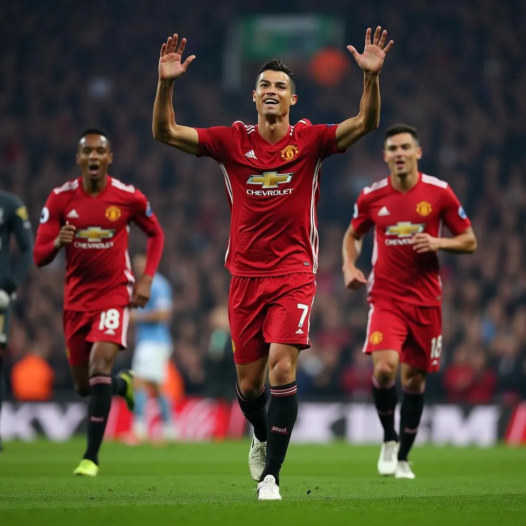 Cristiano Ronaldo ăn mừng bàn thắng trong màu áo Manchester United.