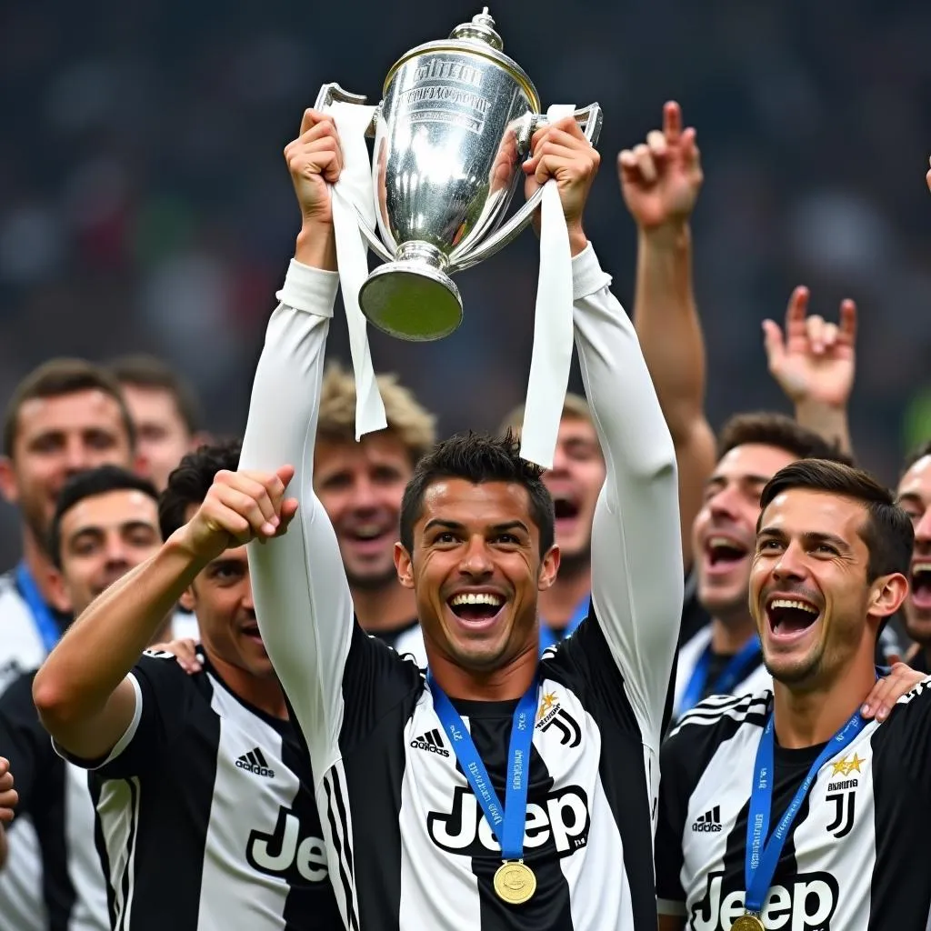 Cristiano Ronaldo nâng cao chiếc cúp vô địch Serie A cùng Juventus.