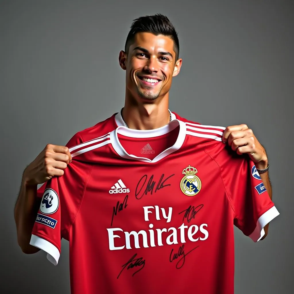 Cristiano Ronaldo holding a signed jersey