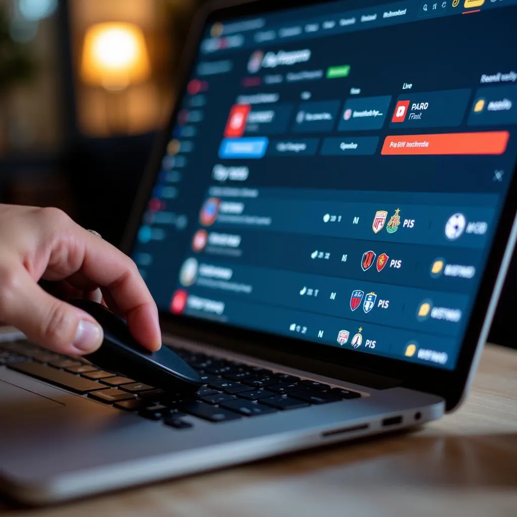 A person selecting a live football match on their laptop