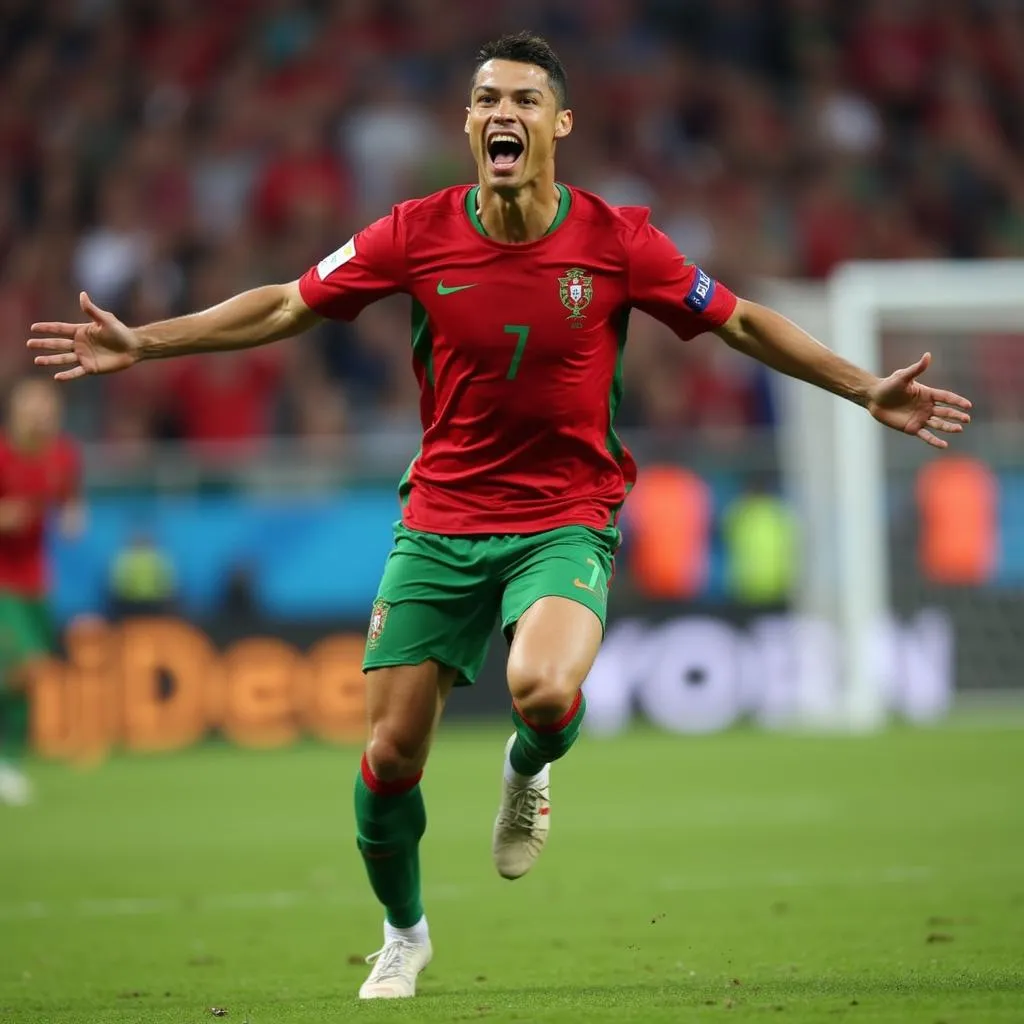 Ronaldo ăn mừng bàn thắng trong màu áo Bồ Đào Nha