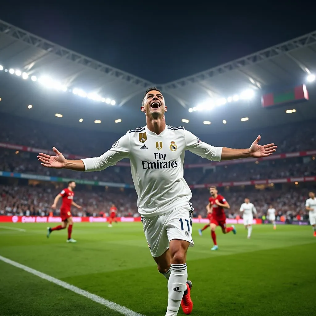 Ronaldo ăn mừng bàn thắng trong màu áo Real Madrid