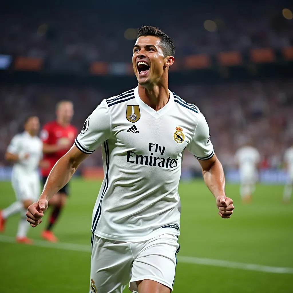 Ronaldo ăn mừng bàn thắng trong màu áo Real Madrid