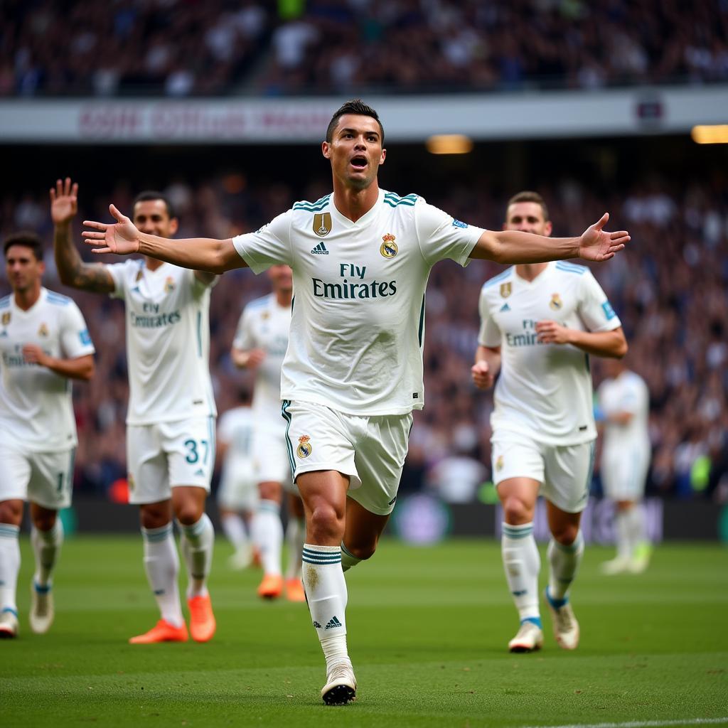 Ronaldo ăn mừng bàn thắng trong màu áo Real Madrid