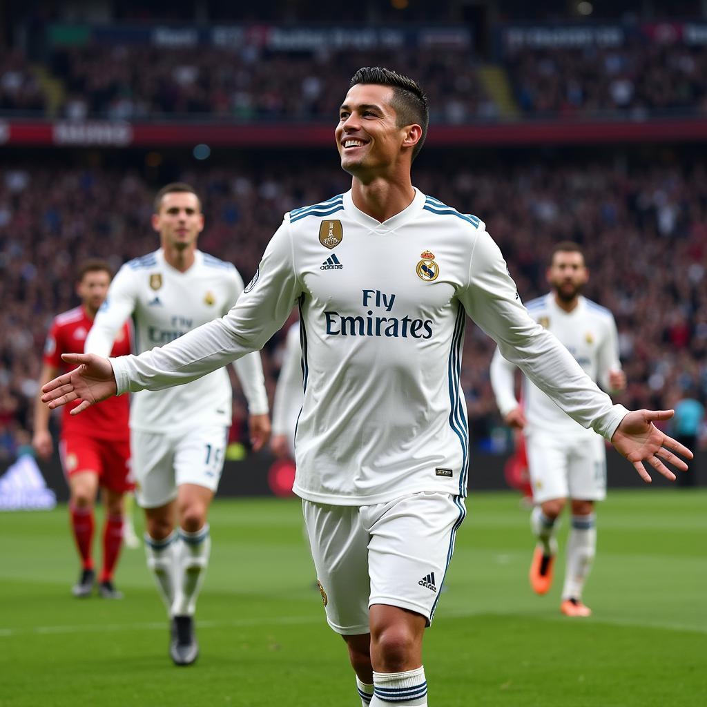 Ronaldo ăn mừng bàn thắng trong màu áo Real Madrid