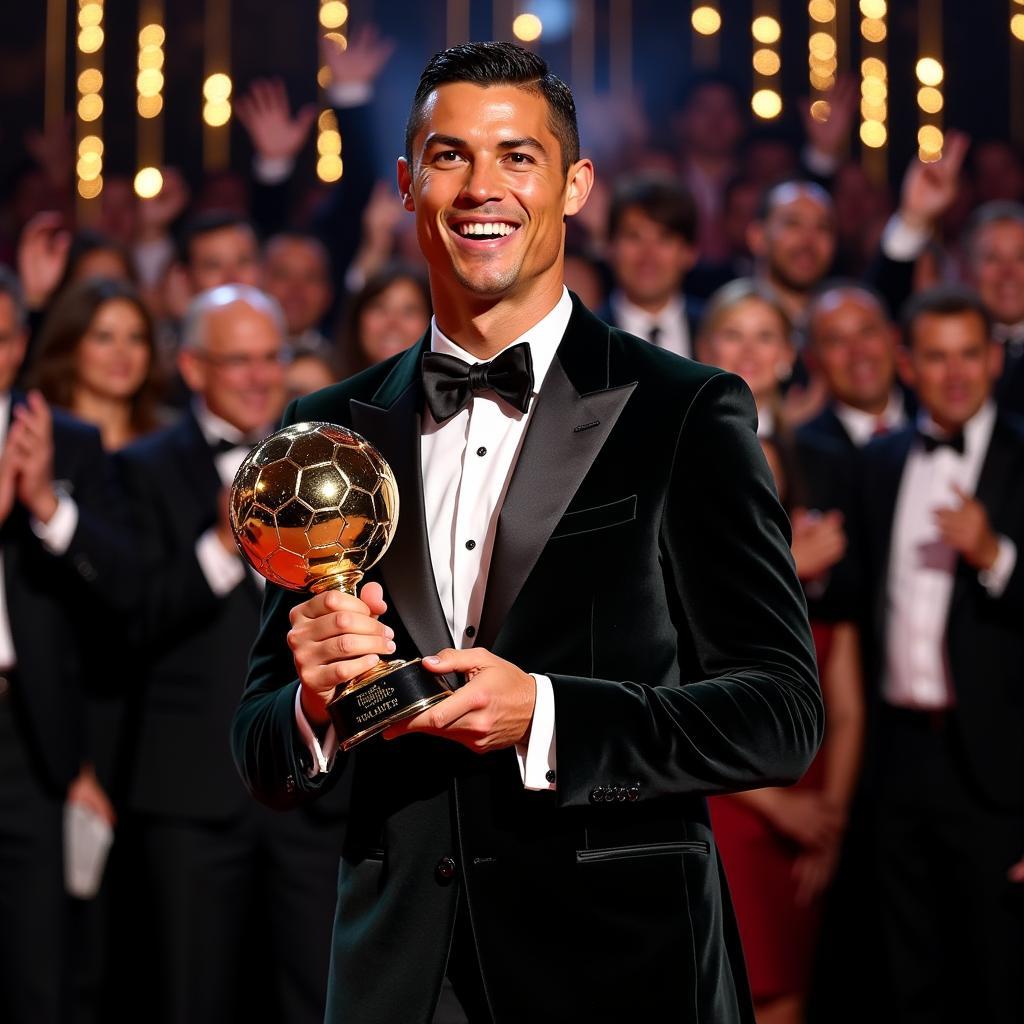 Ronaldo nâng cao Quả Bóng Vàng 2018 trong niềm hân hoan