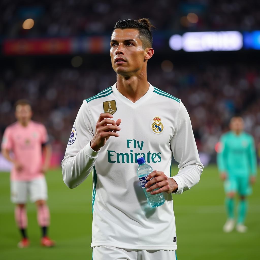 Ronaldo cầm chai nước C tại Champions League 2018