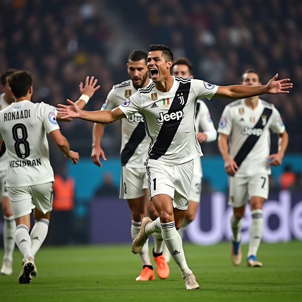 Cristiano Ronaldo celebrates a goal with Juventus teammates in 2019