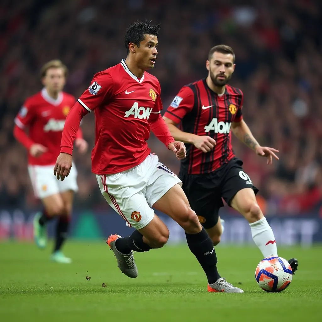 Cristiano Ronaldo skillfully dribbling past a defender during his time at Manchester United