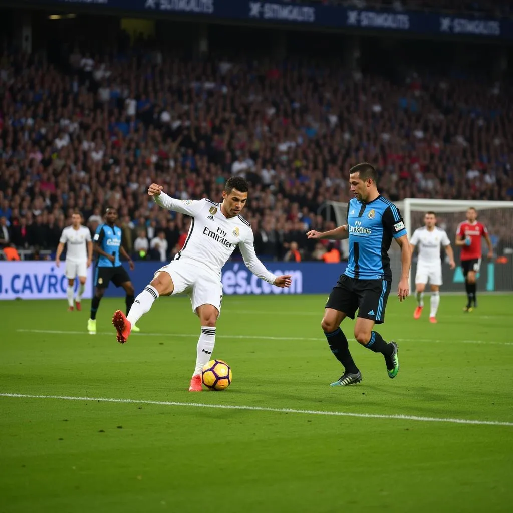 Ronaldo ghi bàn vào lưới Buffon trong trận đấu giữa Real Madrid và Juventus