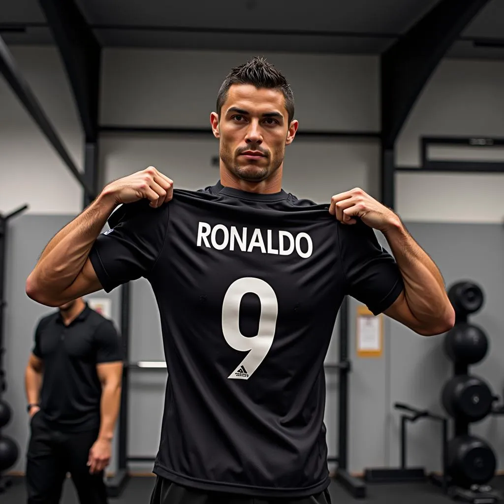 Ronaldo giơ áo trong phòng tập