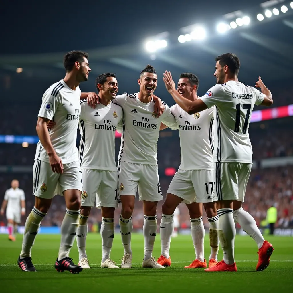 Cristiano Ronaldo celebrating a goal with his teammates, highlighting his leadership qualities