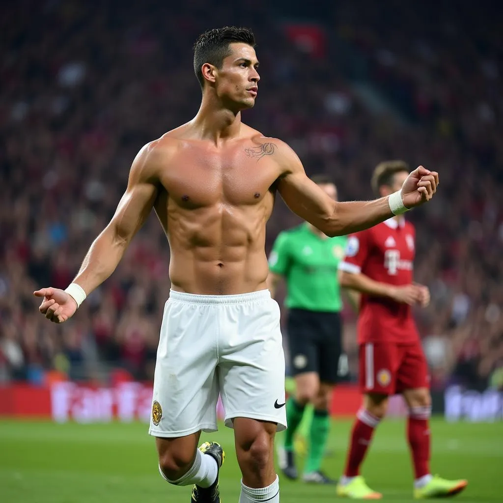 Cristiano Ronaldo khoe cơ bắp săn chắc trong một trận đấu bóng đá