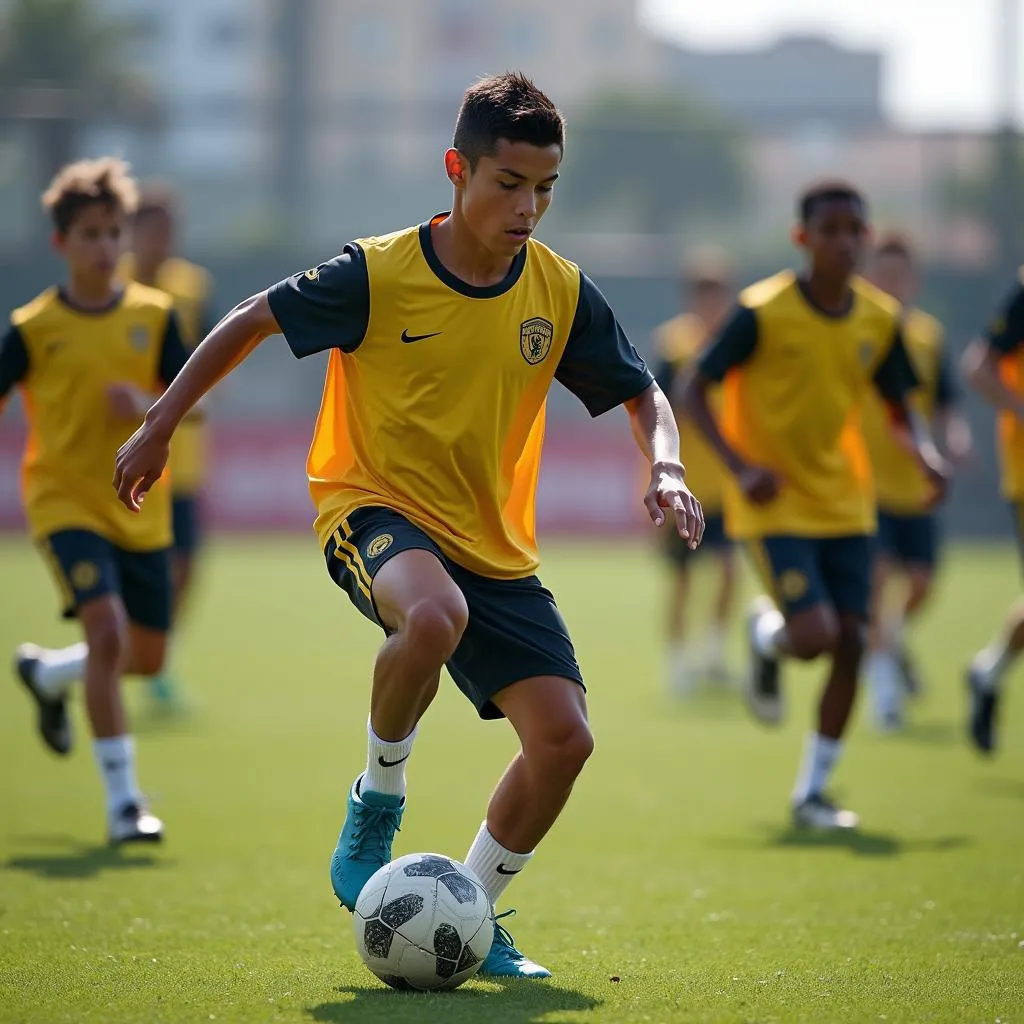 Cristiano Ronaldo practicing with youth teammates