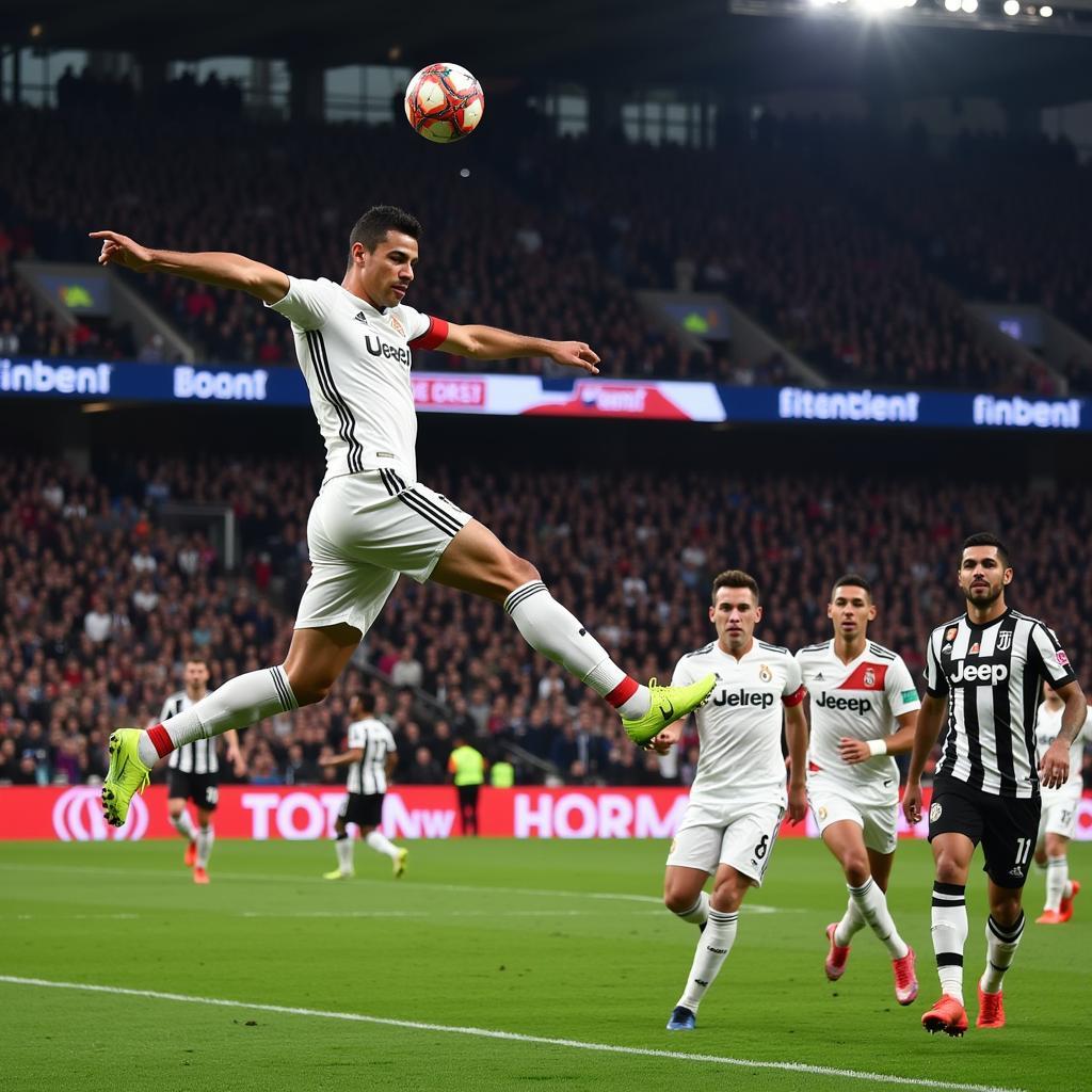 Ronaldo thực hiện cú móc vô lê ghi bàn vào lưới Juventus trong trận tứ kết Champions League.