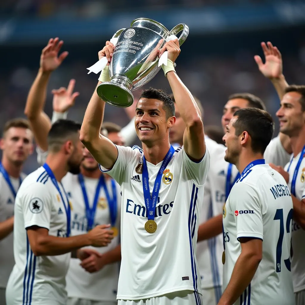 Ronaldo celebrating trophy with Real Madrid teammates