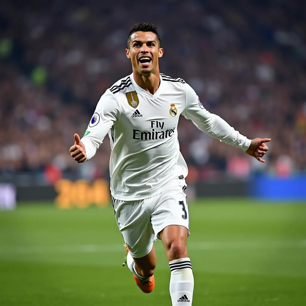 Ronaldo ăn mừng bàn thắng trong màu áo Real Madrid tại Champions League