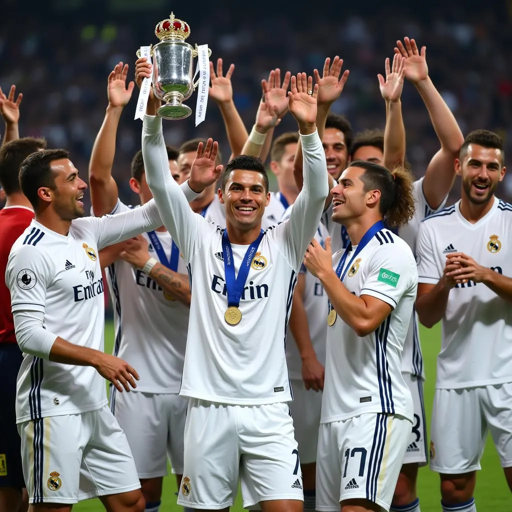 Cristiano Ronaldo celebrates a trophy with Real Madrid teammates