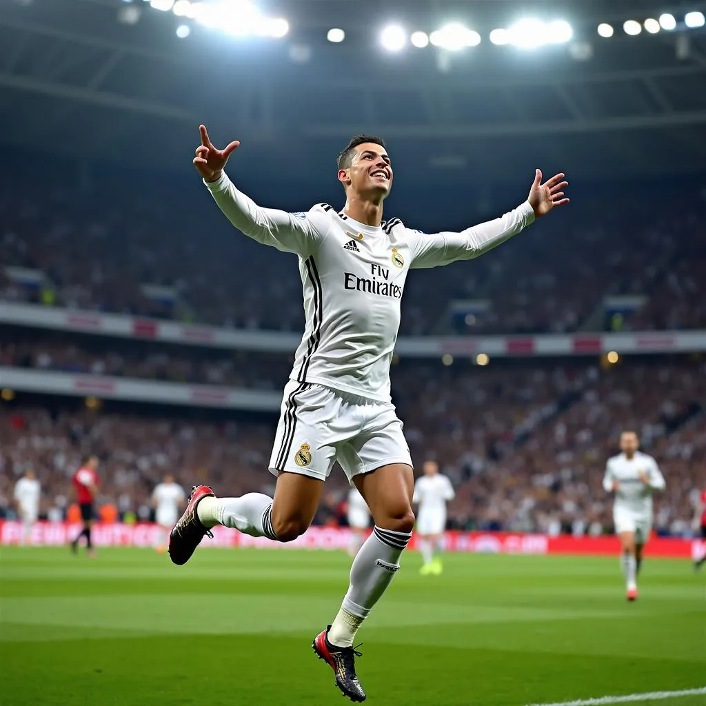 Ronaldo ăn mừng bàn thắng trong màu áo Real Madrid