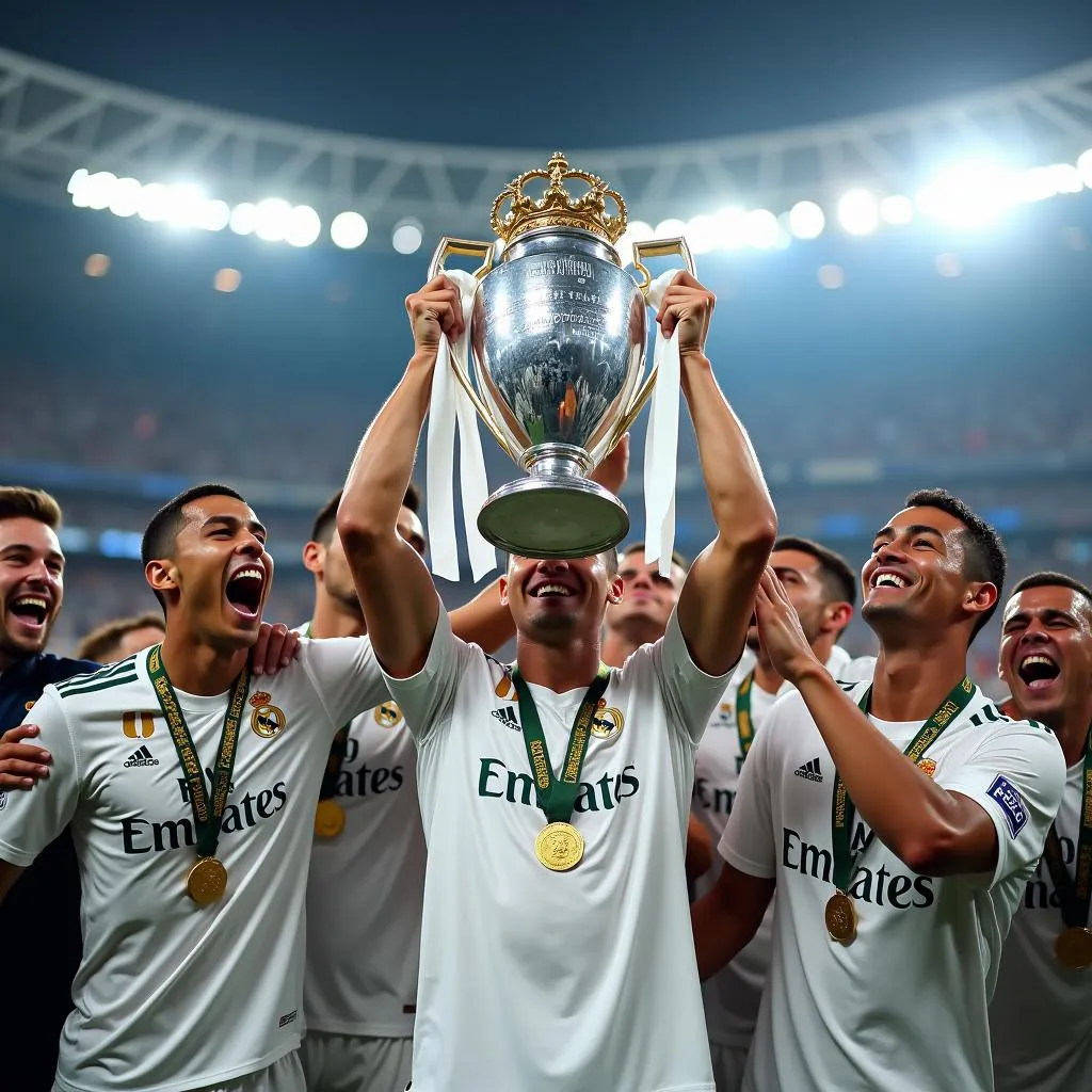 Ronaldo lifts the Champions League trophy with Real Madrid