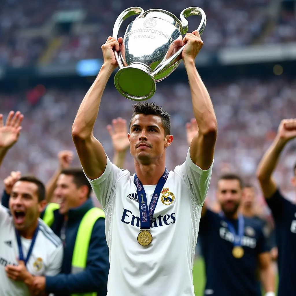 Ronaldo ăn mừng chức vô địch Champions League cùng Real Madrid