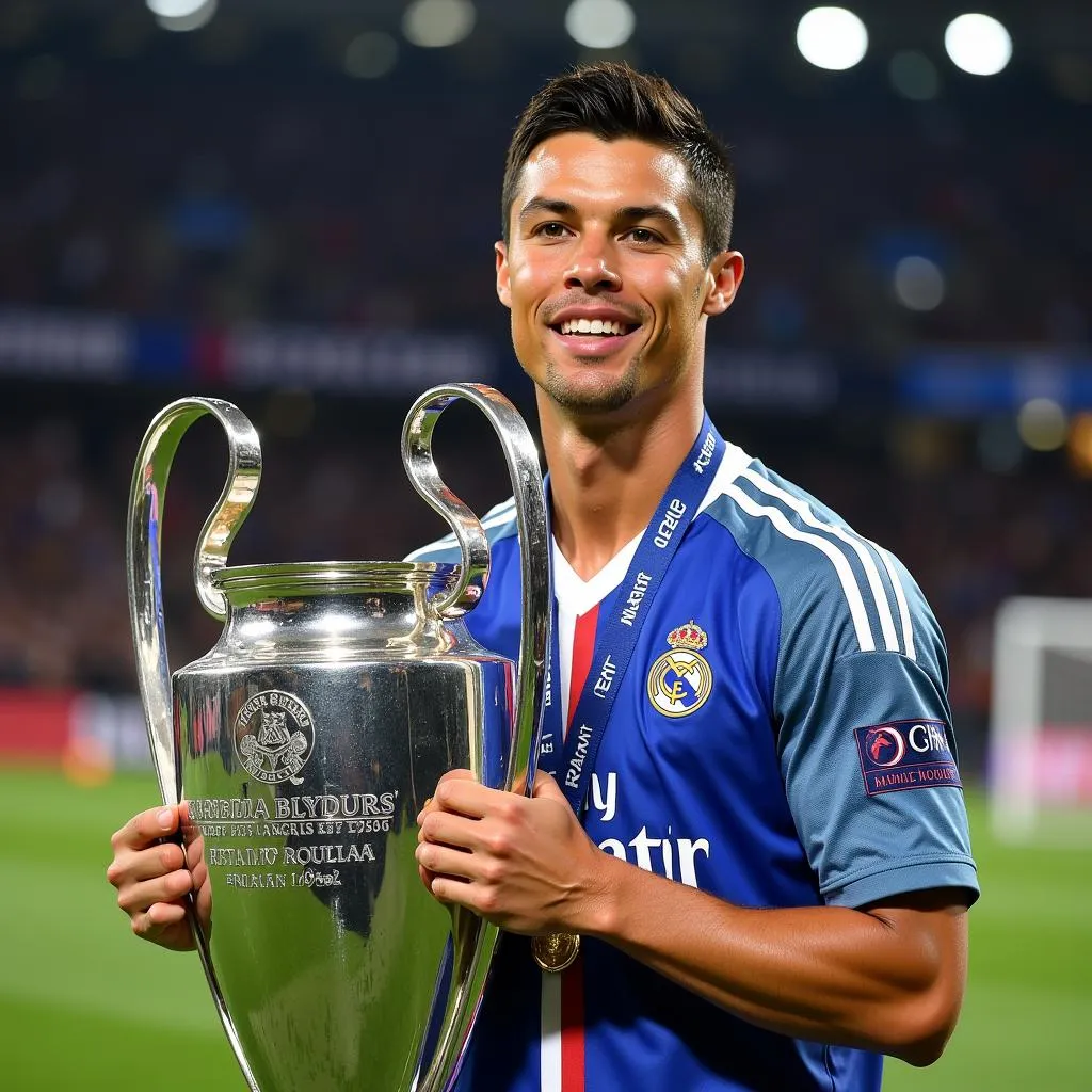 Cristiano Ronaldo, a true footballing legend, poses with the Champions League trophy