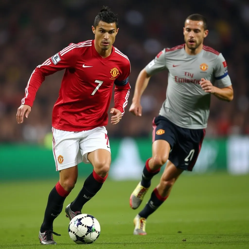 Cristiano Ronaldo vượt qua sự truy cản của Nemanja Vidic