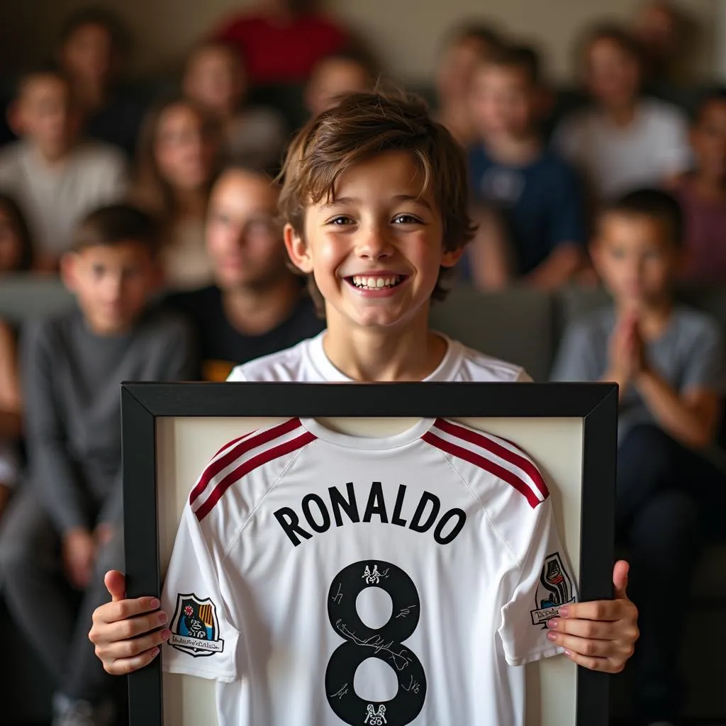 Young fan holding a Cristiano Ronaldo signed jersey