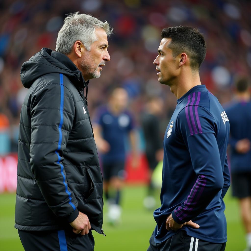 Ancelotti và Ronaldo bàn chiến thuật trên sân