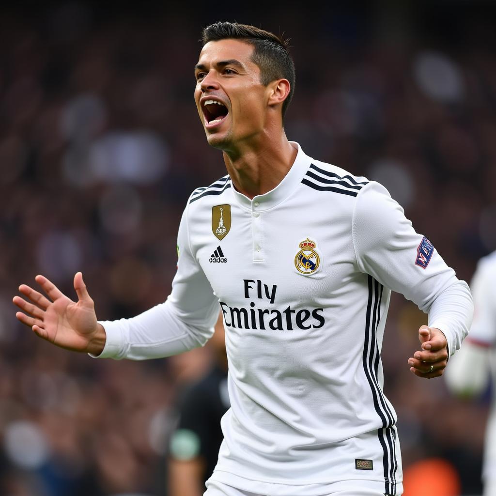 Ronaldo với biểu cảm hài hước trong màu áo Real Madrid