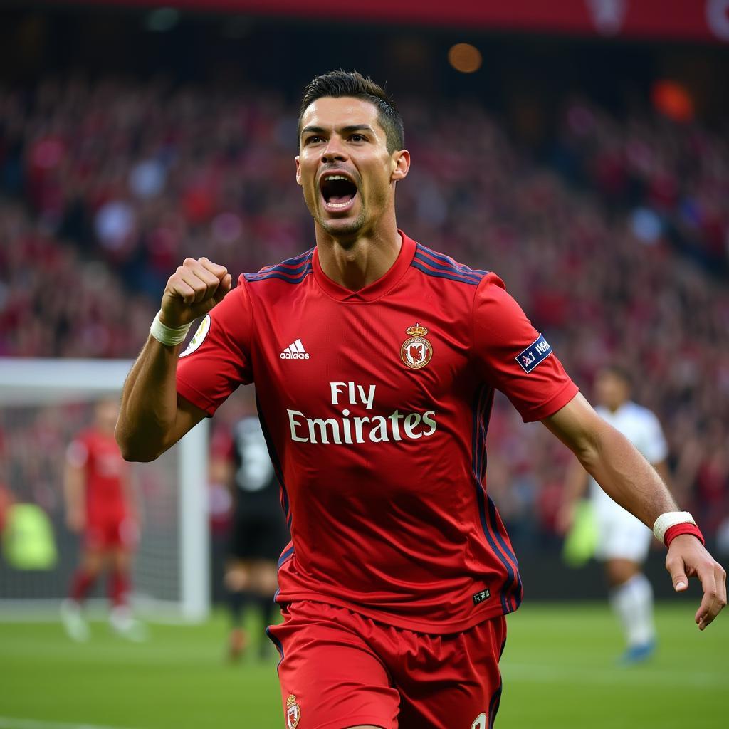 Cristiano Ronaldo celebrating a goal with his signature "Siuuu" celebration.