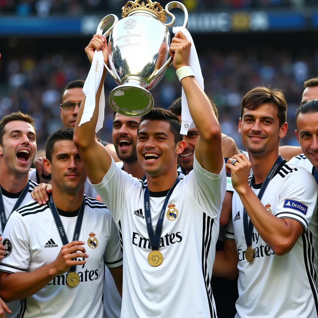 Cristiano Ronaldo celebrating a Champions League victory with Real Madrid.