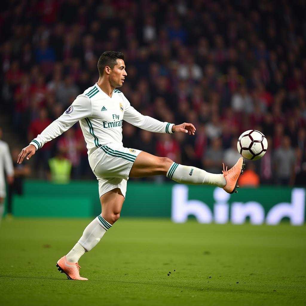 Cristiano Ronaldo executing a powerful free kick, showcasing the strength in his legs.