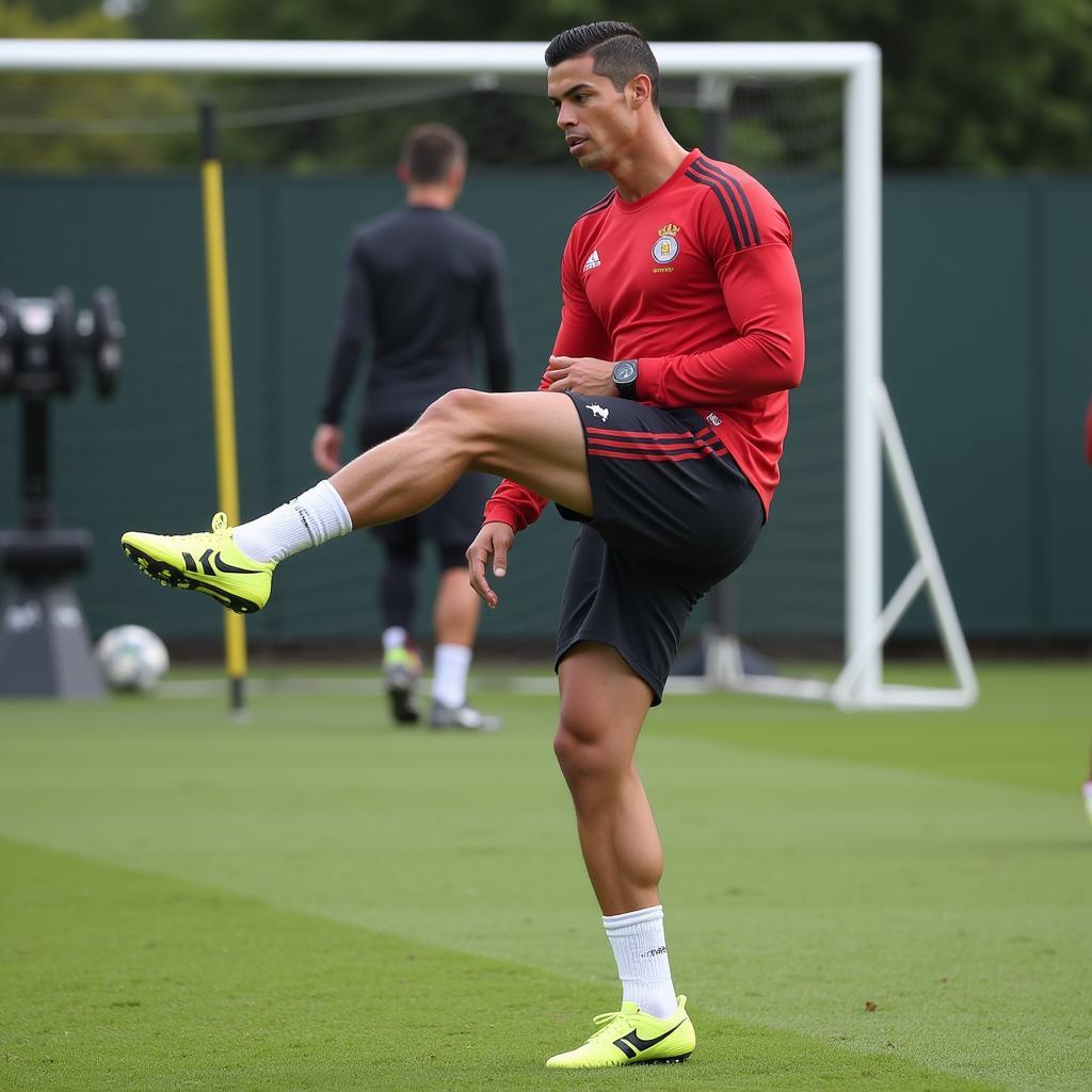 Cristiano Ronaldo showcasing his powerful legs in a training session.