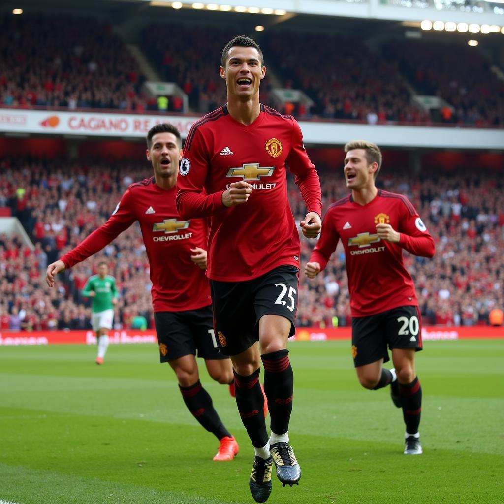 Cristiano Ronaldo during his Manchester United years, celebrating a goal with his teammates.