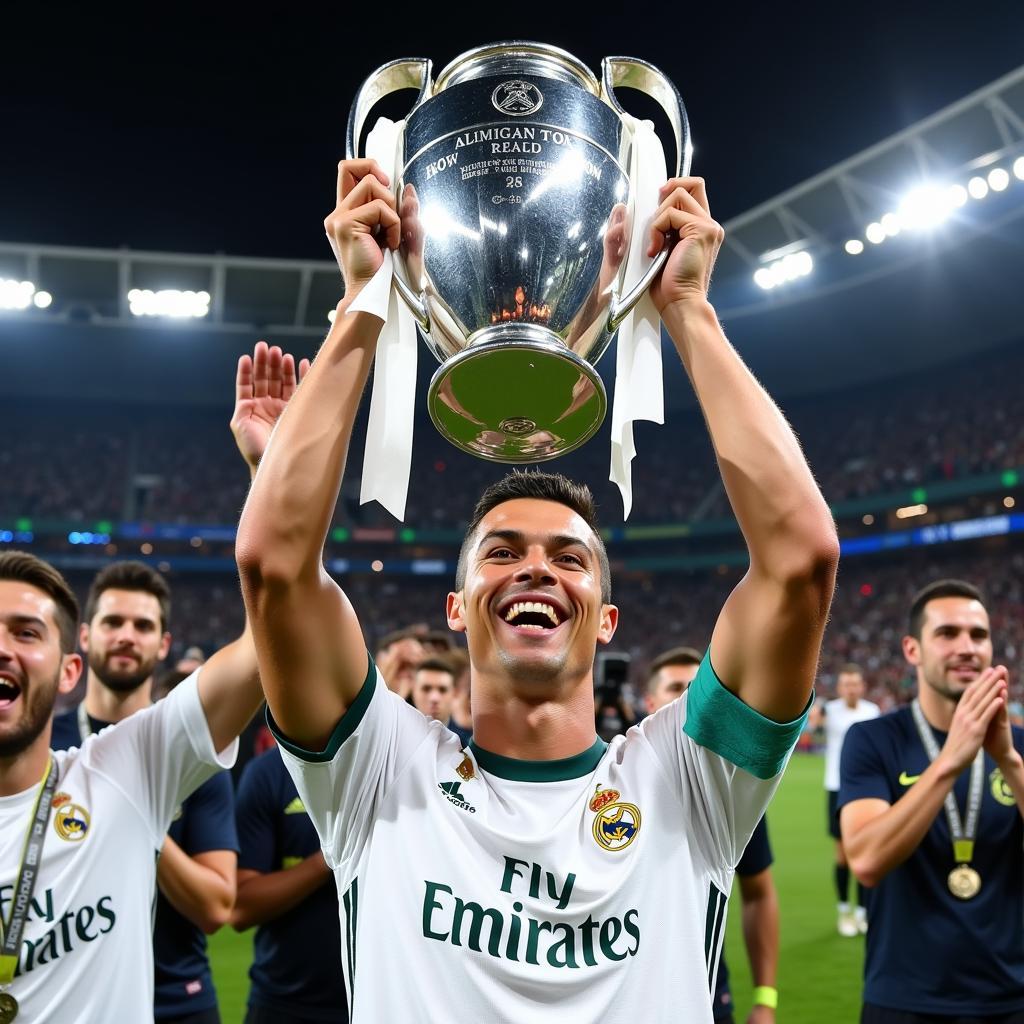 Cristiano Ronaldo holding the Champions League trophy with Real Madrid