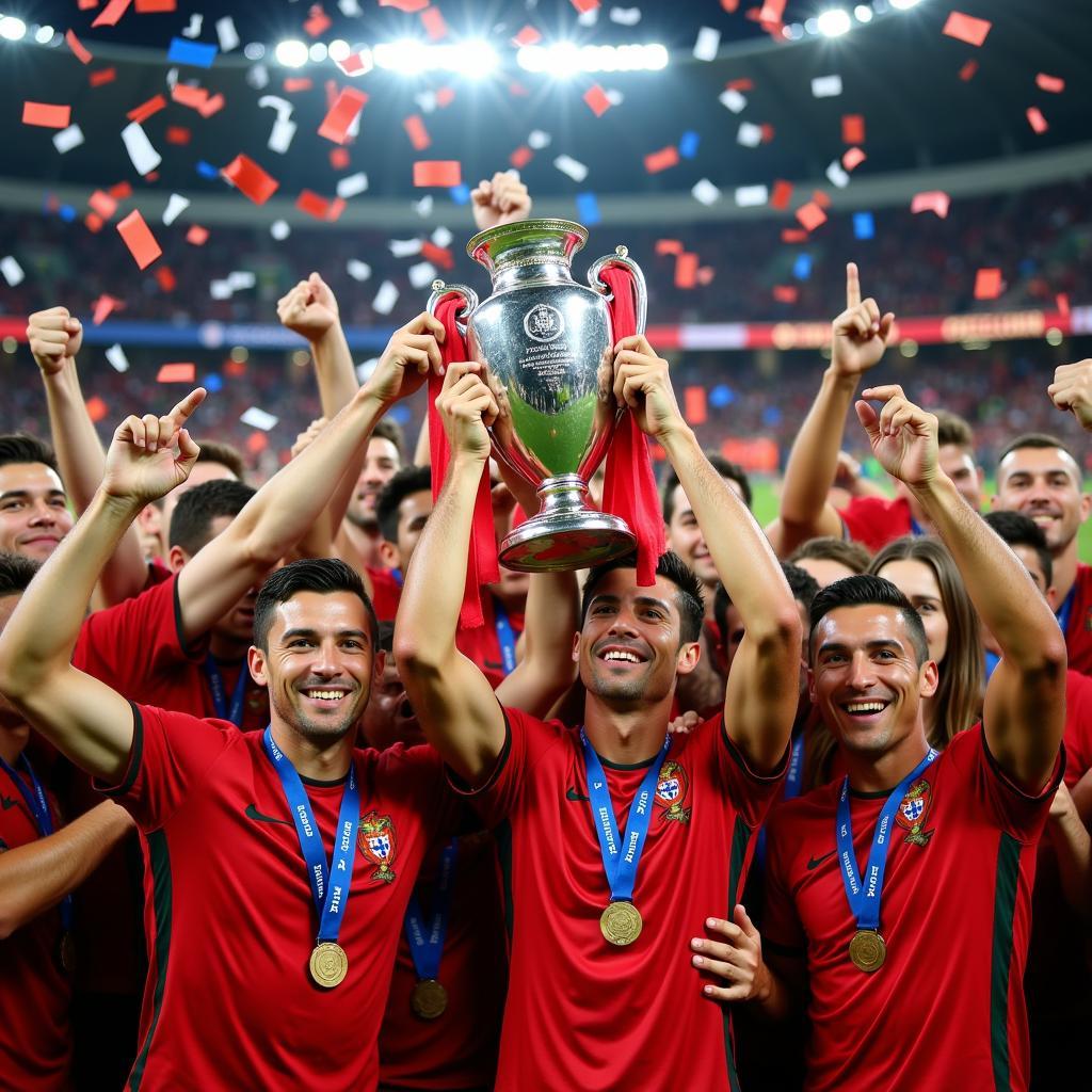 Fabio Coentrao and Ronaldo Lifting the Euro 2016 Trophy