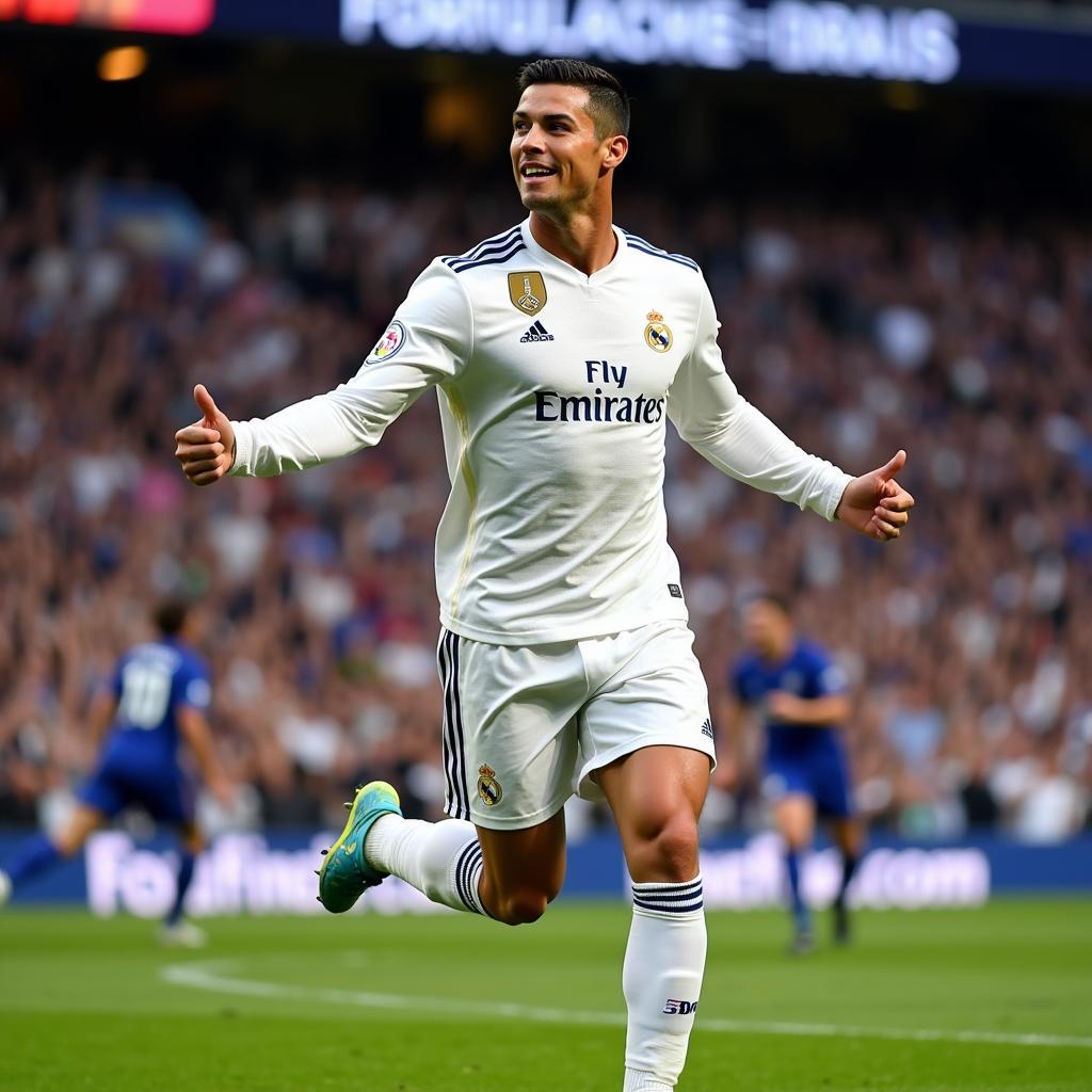 Kỷ nguyên hoàng kim Real Madrid Ronaldo: Hình ảnh CR7 ăn mừng bàn thắng trong màu áo Real Madrid, thể hiện niềm vui chiến thắng và sự thống trị của anh tại đấu trường Champions League.