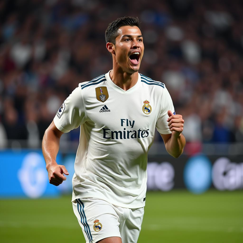 Nhận xét về Ronaldo thời kỳ Real Madrid: Hình ảnh Ronaldo ăn mừng bàn thắng trong màu áo Real Madrid, thể hiện sự thống trị và đẳng cấp của anh.