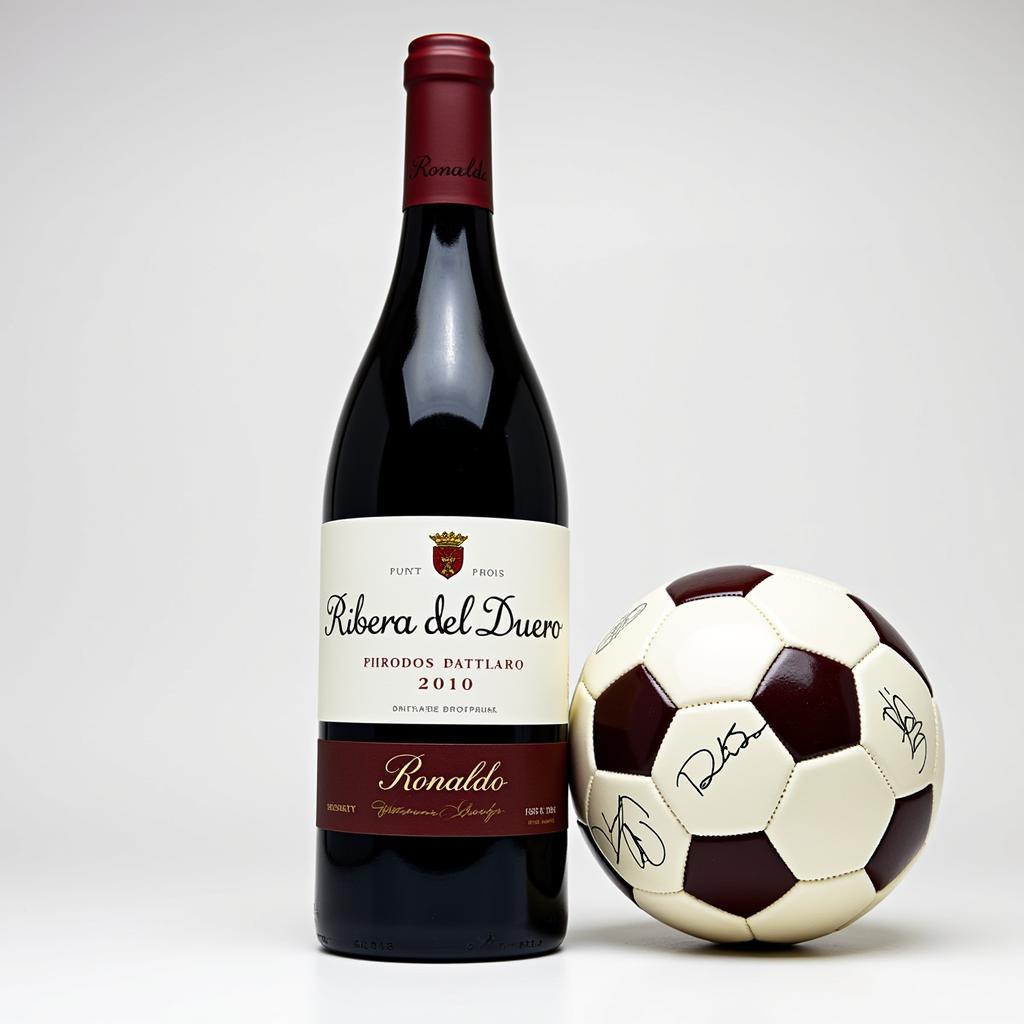 Một chai Ribera del Duero bên cạnh quả bóng có chữ ký của Ronaldo Brazil