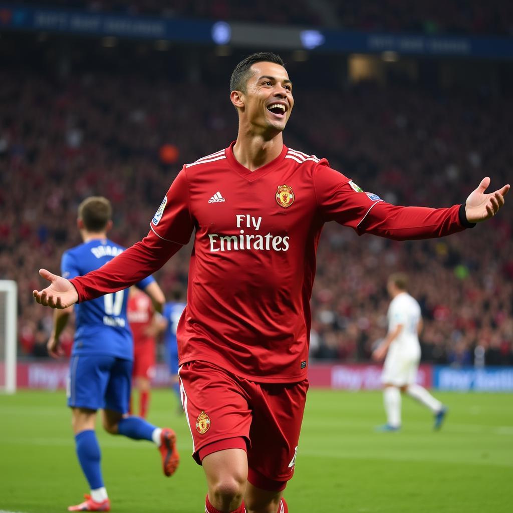 Ronaldo ăn mừng bàn thắng với niềm vui sướng tột độ, thể hiện sự đam mê và khát khao chiến thắng mãnh liệt.