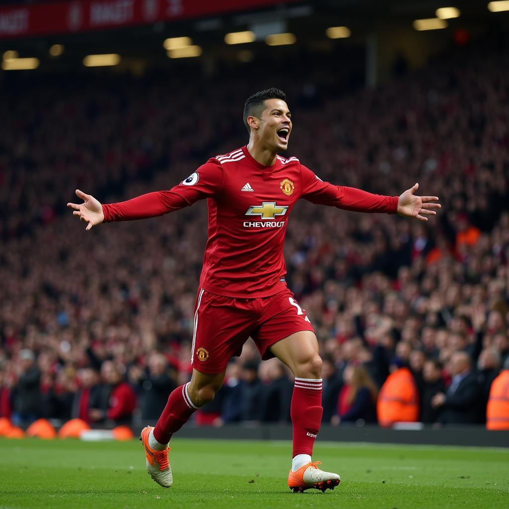 Ronaldo ăn mừng bàn thắng trong màu áo Manchester United