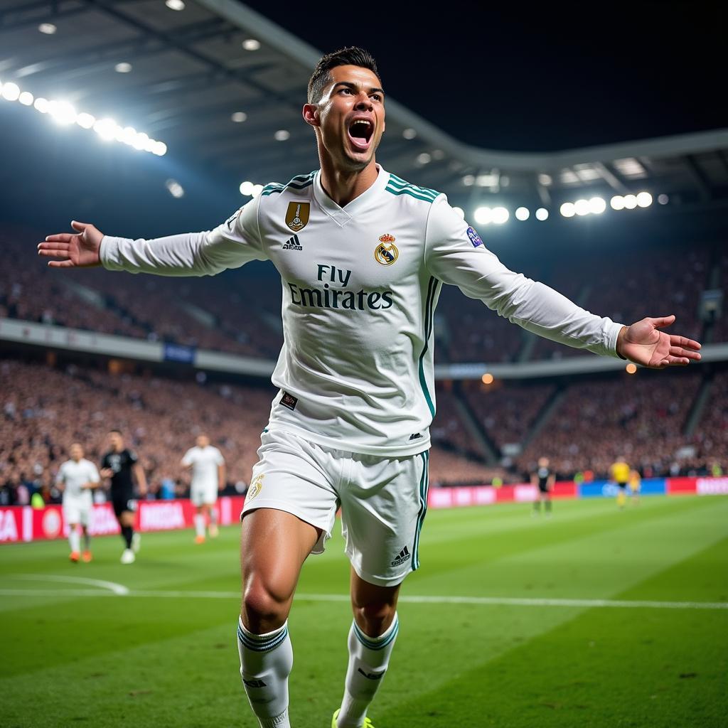 Ronaldo ăn mừng bàn thắng trong màu áo Real Madrid